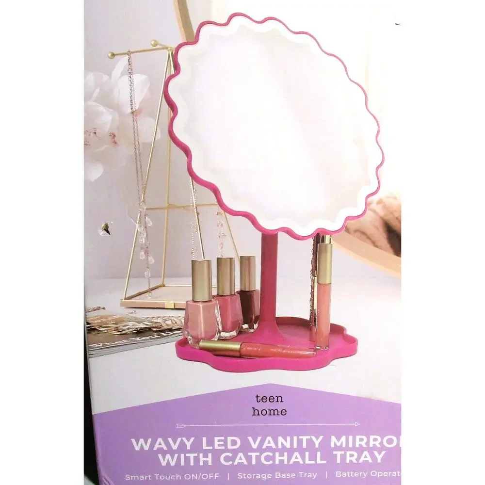 Teen Home LED Vanity Mirror Wavy Border Catchall Tray Dark Pink Battery Operated